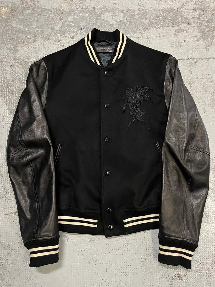 Alexander McQueen Leather Sleeves Embroidered Black Wool Bomber Jacket lUxFXkX 3