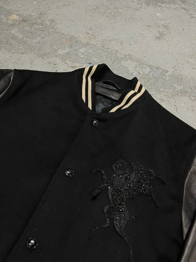 Alexander McQueen Leather Sleeves Embroidered Black Wool Bomber Jacket lUxFXkX 4