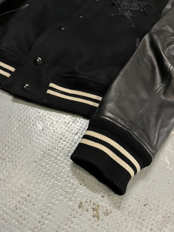 Alexander McQueen Leather Sleeves Embroidered Black Wool Bomber Jacket lUxFXkX 5