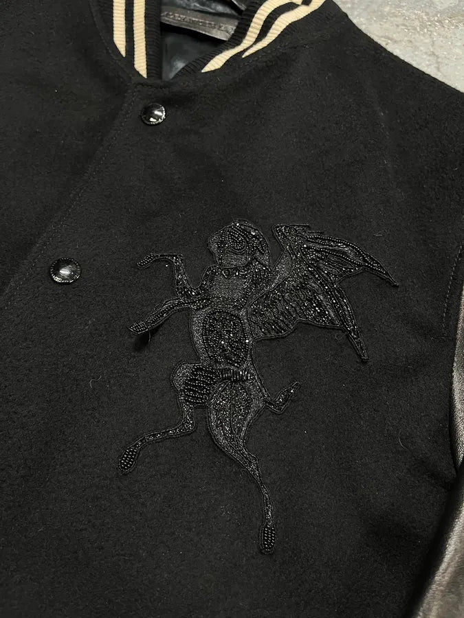 Alexander McQueen Leather Sleeves Embroidered Black Wool Bomber Jacket lUxFXkX 6