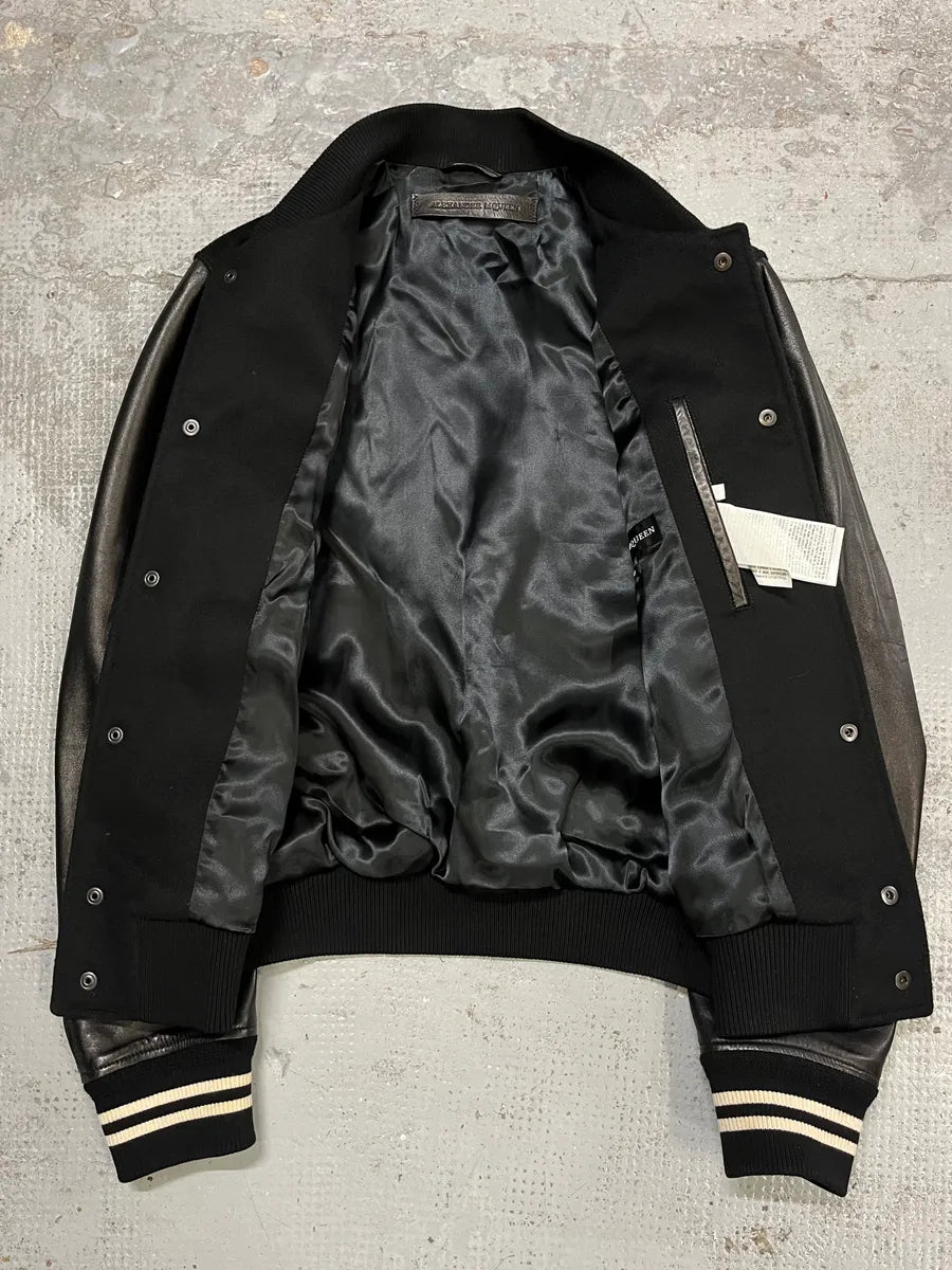 Alexander McQueen Leather Sleeves Embroidered Black Wool Bomber Jacket lUxFXkX 8
