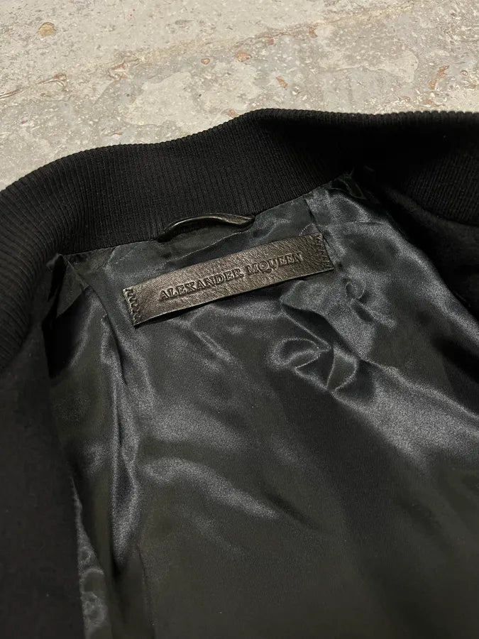 Alexander McQueen Leather Sleeves Embroidered Black Wool Bomber Jacket lUxFXkX 9