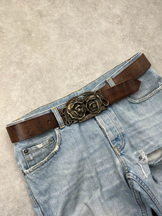 Alexander McQueen Rose Buckle Brown Leather Belt VaXMJwe 1