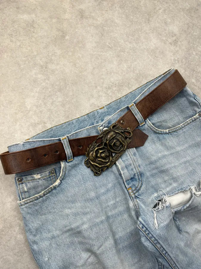 Alexander McQueen Rose Buckle Brown Leather Belt VaXMJwe 2