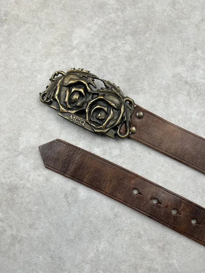 Alexander McQueen Rose Buckle Brown Leather Belt VaXMJwe 4