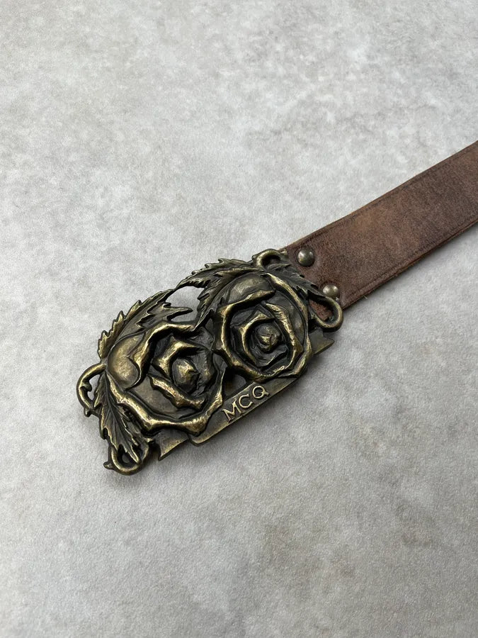 Alexander McQueen Rose Buckle Brown Leather Belt VaXMJwe 5