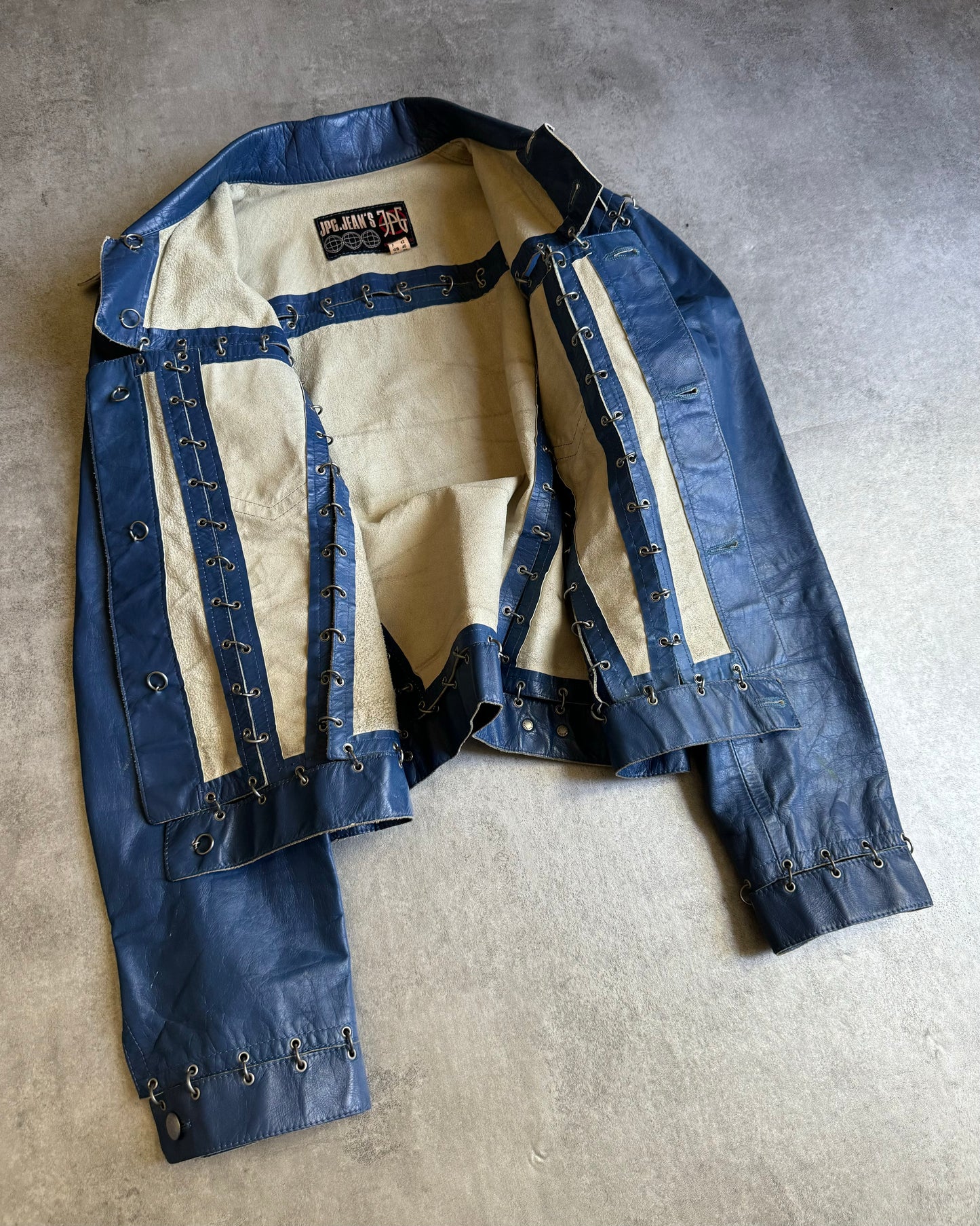 SS2003 Jean Paul Gaultier Pierced Blue Leather Trucker Jacket  (M) - 3