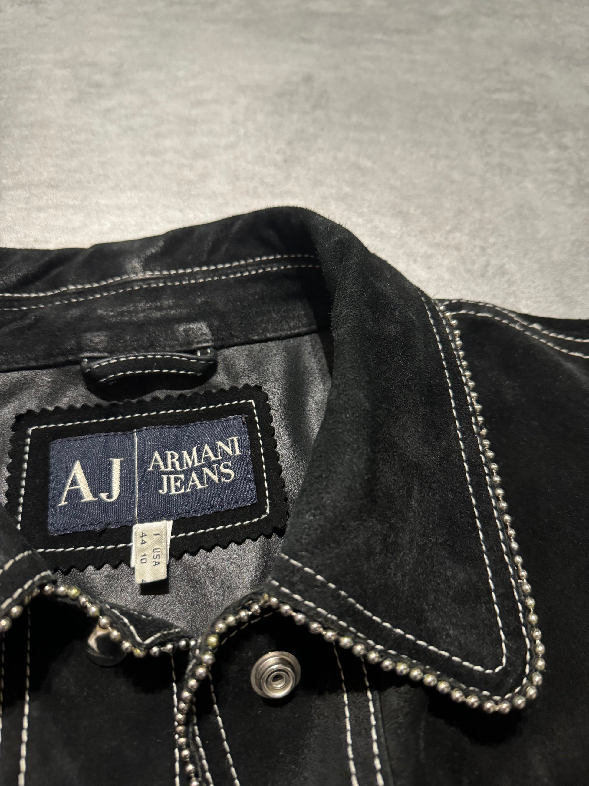 2000s Armani Black Suede Embellished Suede Leather Jacket (XS/S) - 9