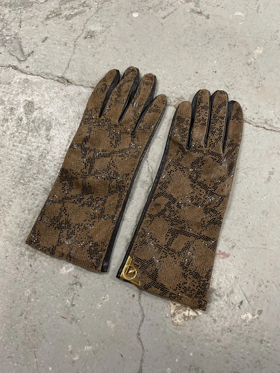 Archival Brown Python Effect Leather Gloves (OS) 0
