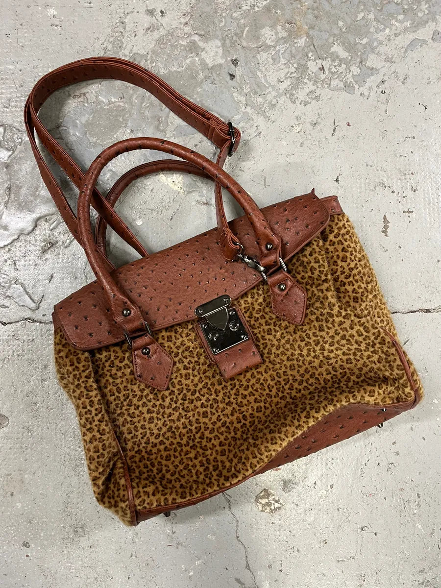 Archive Artisanal Brown Ostrich Embossed Leather Leopard Effect Bag (OS) wNOBnhG 5