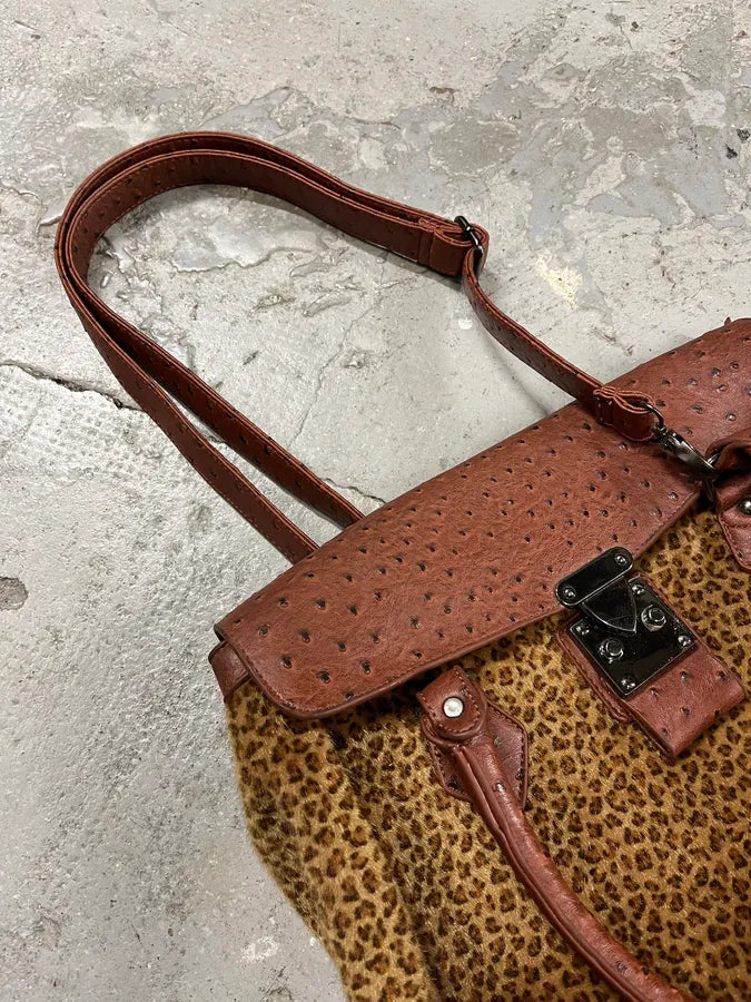 Archive Artisanal Brown Ostrich Embossed Leather Leopard Effect Bag (OS) wNOBnhG 9