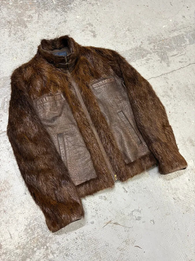 Archive Faux Fur Hybrid Brown Biker Leather Jacket xgjeOni 3