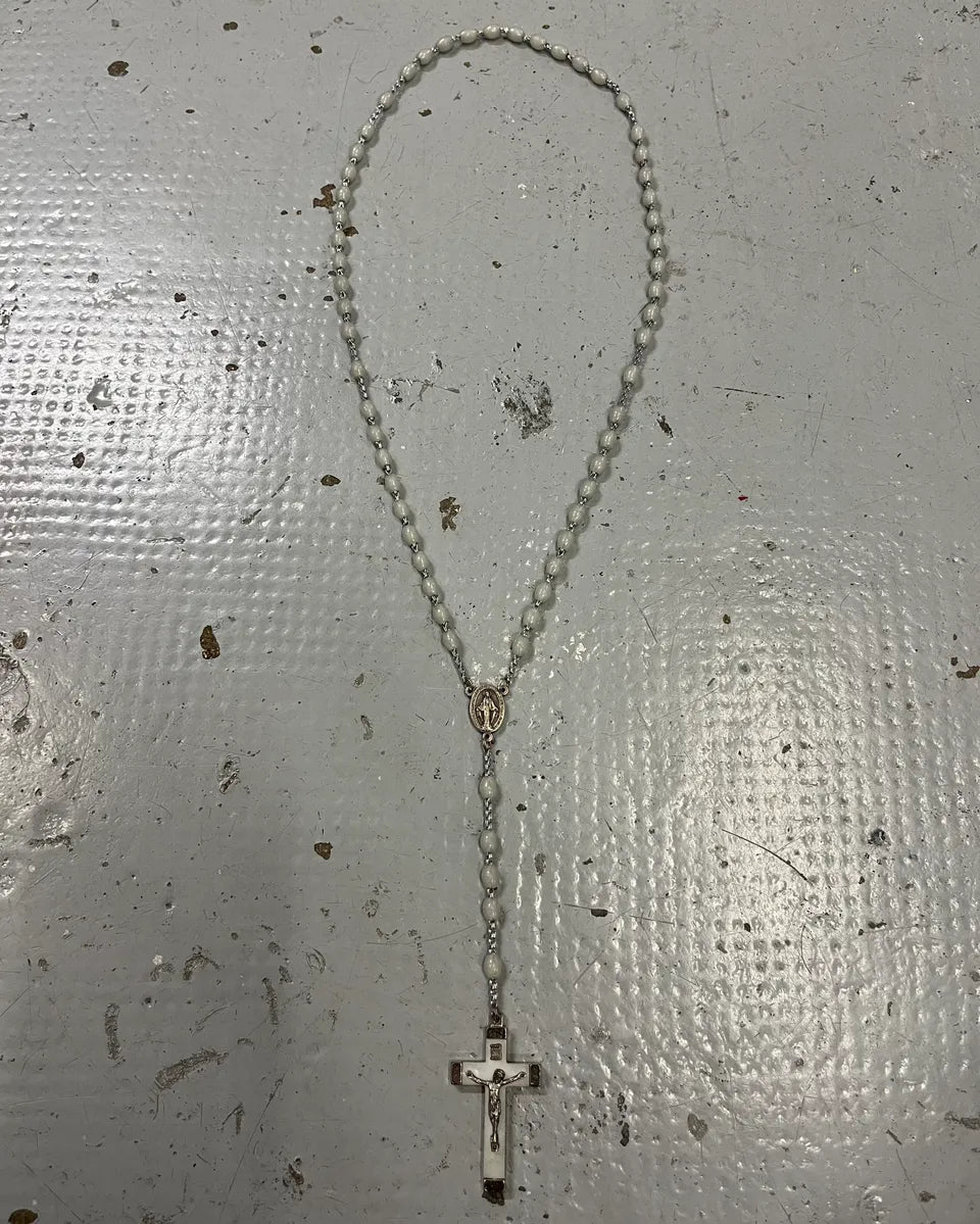 Archive Italian White Beaded Metal Rosary Cross Necklace JuWrgWI 0