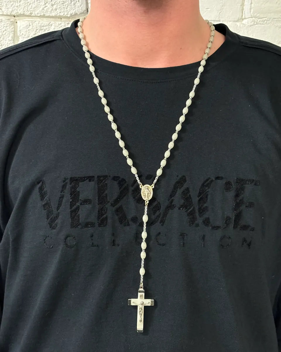 Archive Italian White Beaded Metal Rosary Cross Necklace JuWrgWI 1
