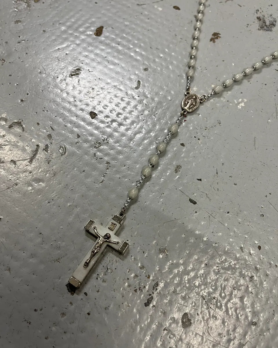 Archive Italian White Beaded Metal Rosary Cross Necklace JuWrgWI 2