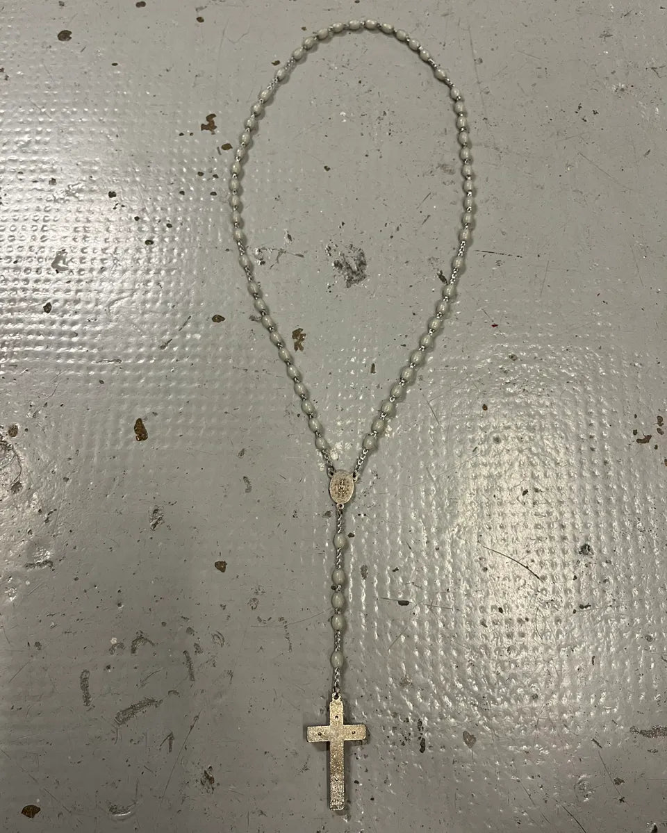 Archive Italian White Beaded Metal Rosary Cross Necklace JuWrgWI 4