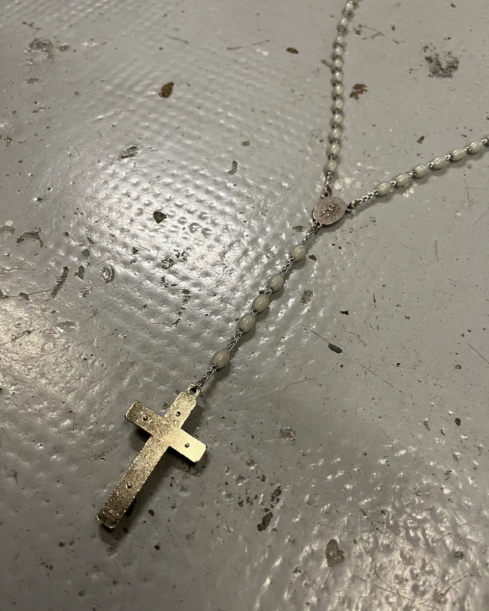 Archive Italian White Beaded Metal Rosary Cross Necklace JuWrgWI 5