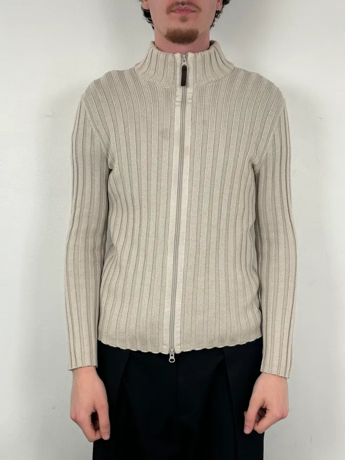 Armani Beige Knit Ribbed Zip-up Sweater XpRMinU 1