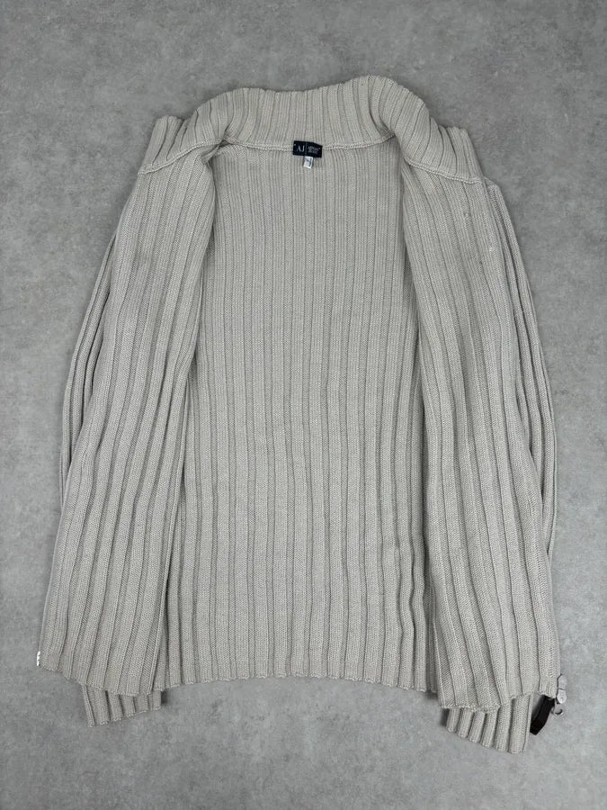 Armani Beige Knit Ribbed Zip-up Sweater XpRMinU 7
