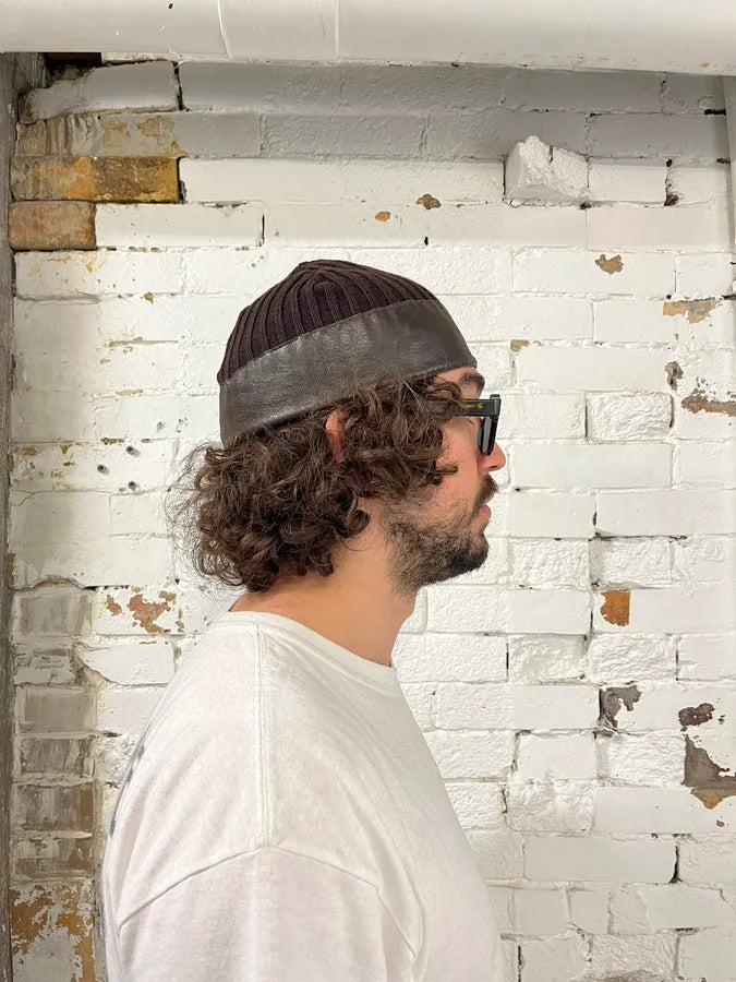 1990s Emporio Armani Brown Wool & Leather Beanie ssvtaap 1