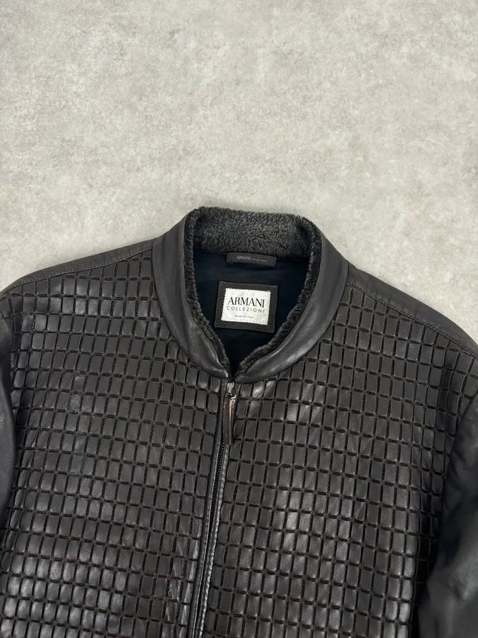 Armani Collezioni Brown Leather Quilted Bomber Jacket buXjaiO 3
