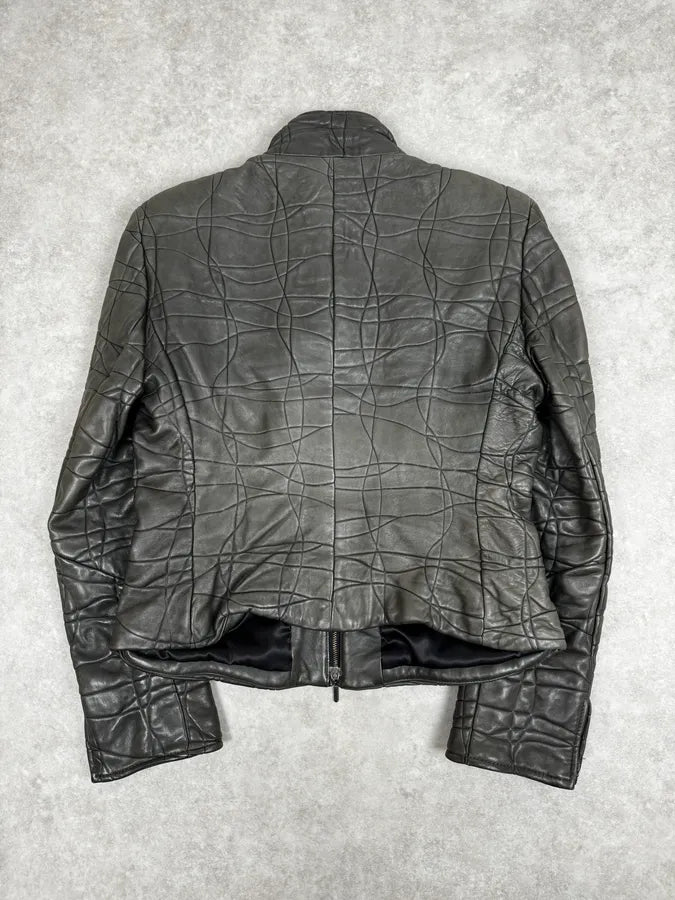 2000s Armani Collezioni Grey Geommetrical Biker Leather Jacket eWHVbSF 3