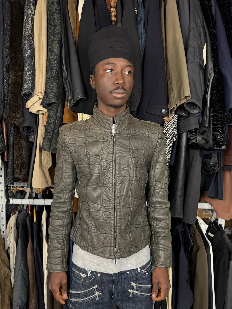 2000s Armani Collezioni Grey Geommetrical Biker Leather Jacket eWHVbSF 1