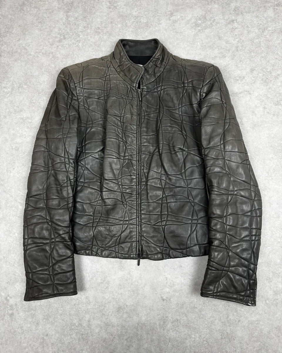 2000s Armani Collezioni Grey Geommetrical Biker Leather Jacket eWHVbSF 0