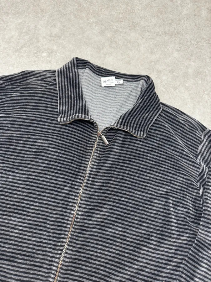 Armani Collezioni Grey Striped Velvet Zip-Up Sweater XHcsqYl 5