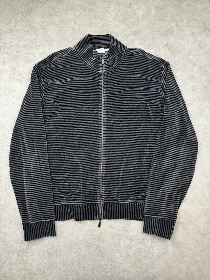 Armani Collezioni Grey Striped Velvet Zip-Up Sweater XHcsqYl 2