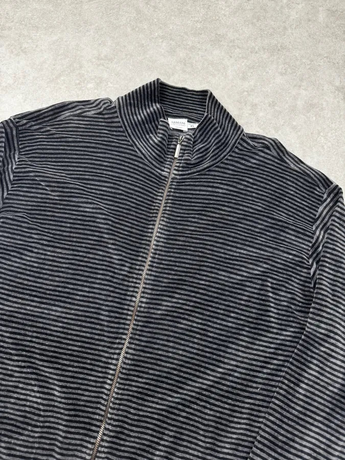 Armani Collezioni Grey Striped Velvet Zip-Up Sweater XHcsqYl 4
