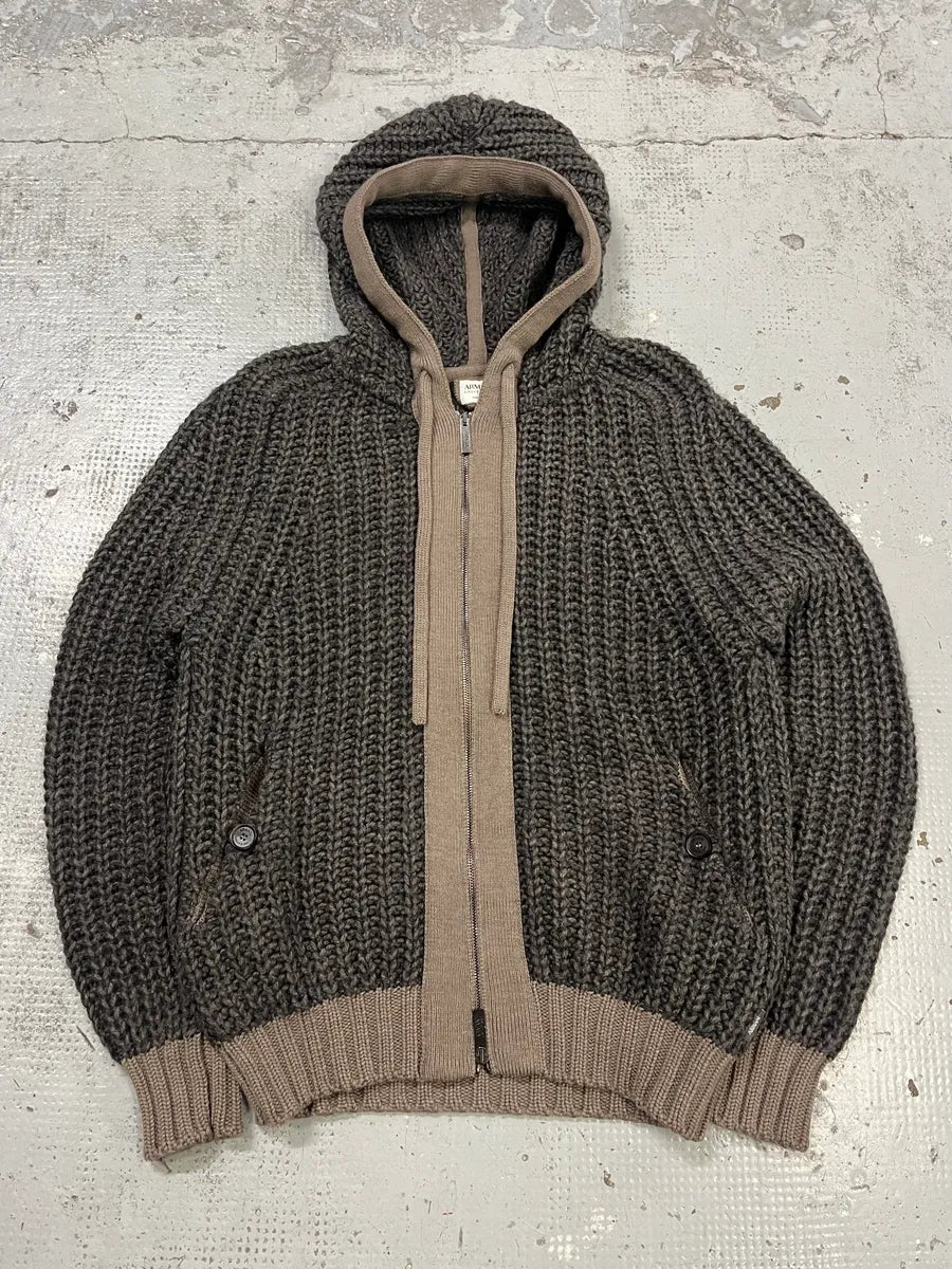 Armani Collezioni Wool Cable Knit Grey Zip-Up Hoodie IDrfVUQ 0