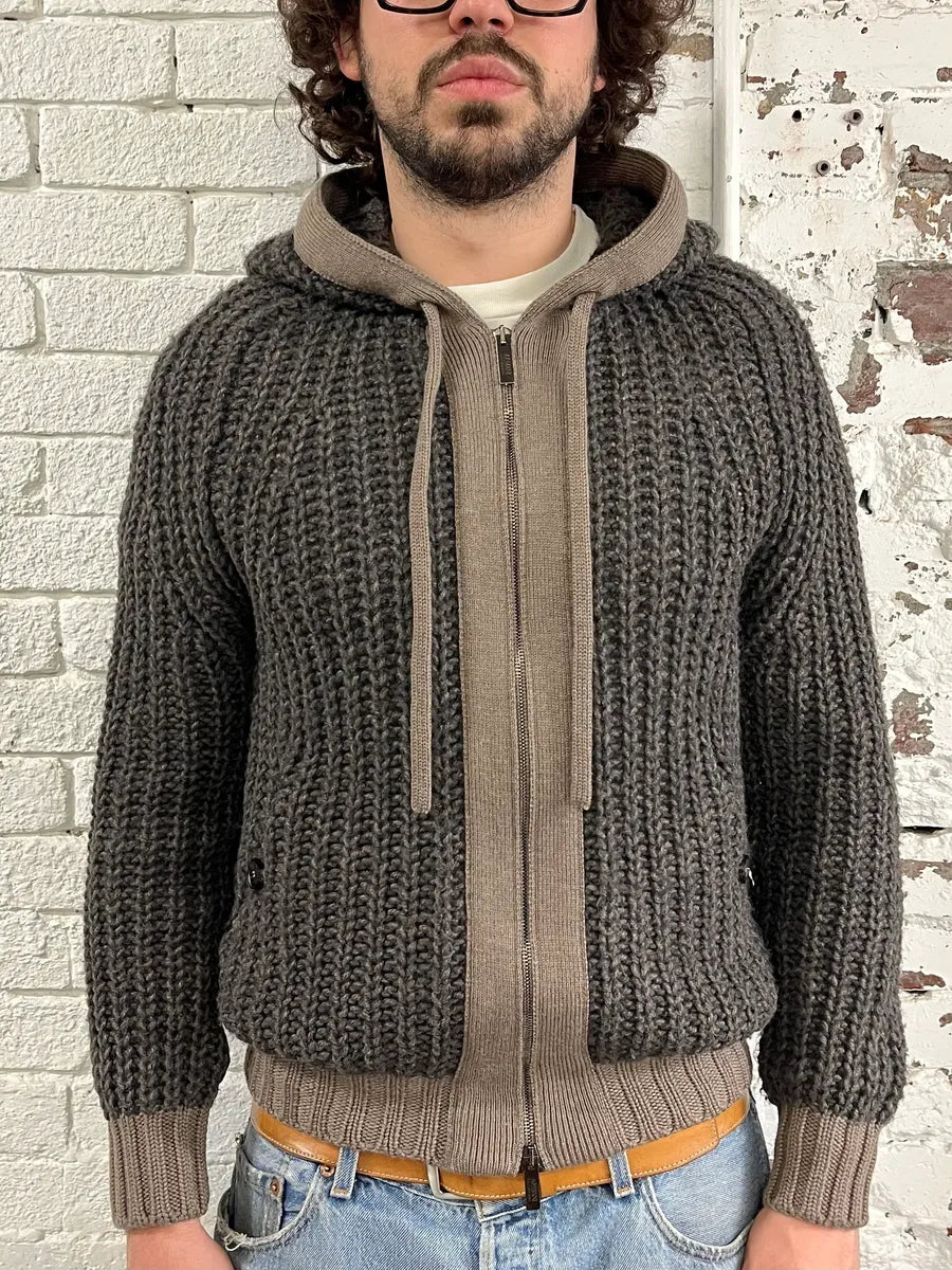 Armani Collezioni Wool Cable Knit Grey Zip-Up Hoodie IDrfVUQ 1
