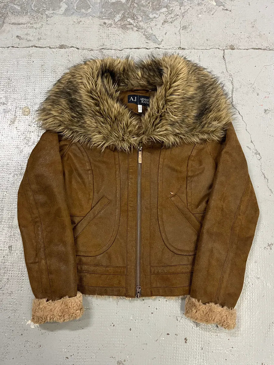 Armani Faux Fur Collar Brown Leather Jacket bqamdLx 0