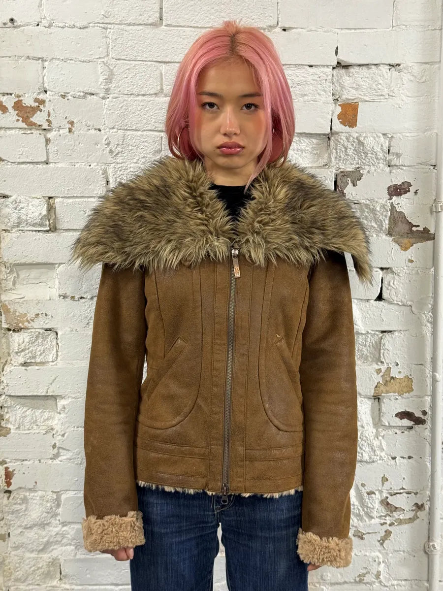 Armani Faux Fur Collar Brown Leather Jacket bqamdLx 1