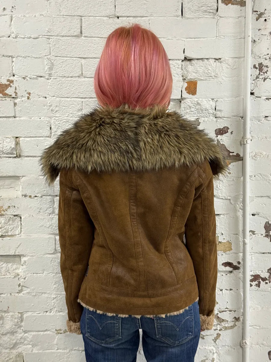 Armani Faux Fur Collar Brown Leather Jacket bqamdLx 2
