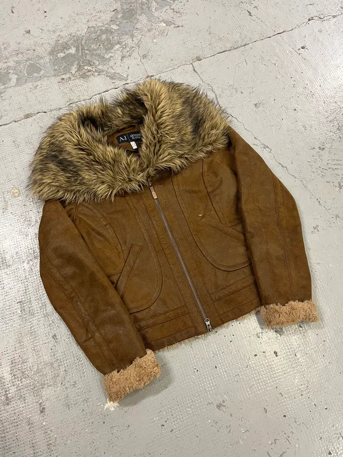 Armani Faux Fur Collar Brown Leather Jacket bqamdLx 3