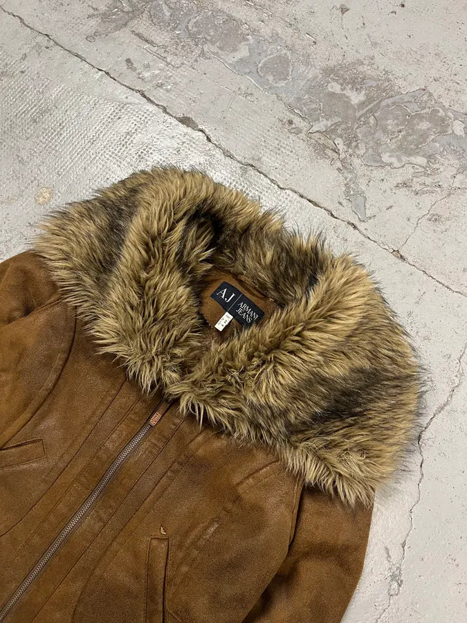Armani Faux Fur Collar Brown Leather Jacket bqamdLx 4