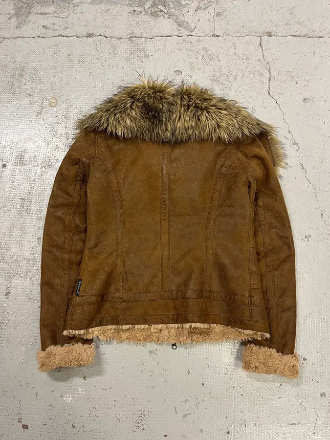 Armani Faux Fur Collar Brown Leather Jacket bqamdLx 6
