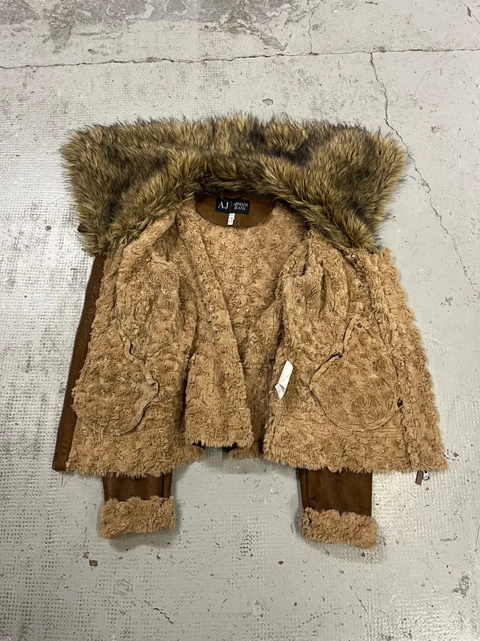 Armani Faux Fur Collar Brown Leather Jacket bqamdLx 9