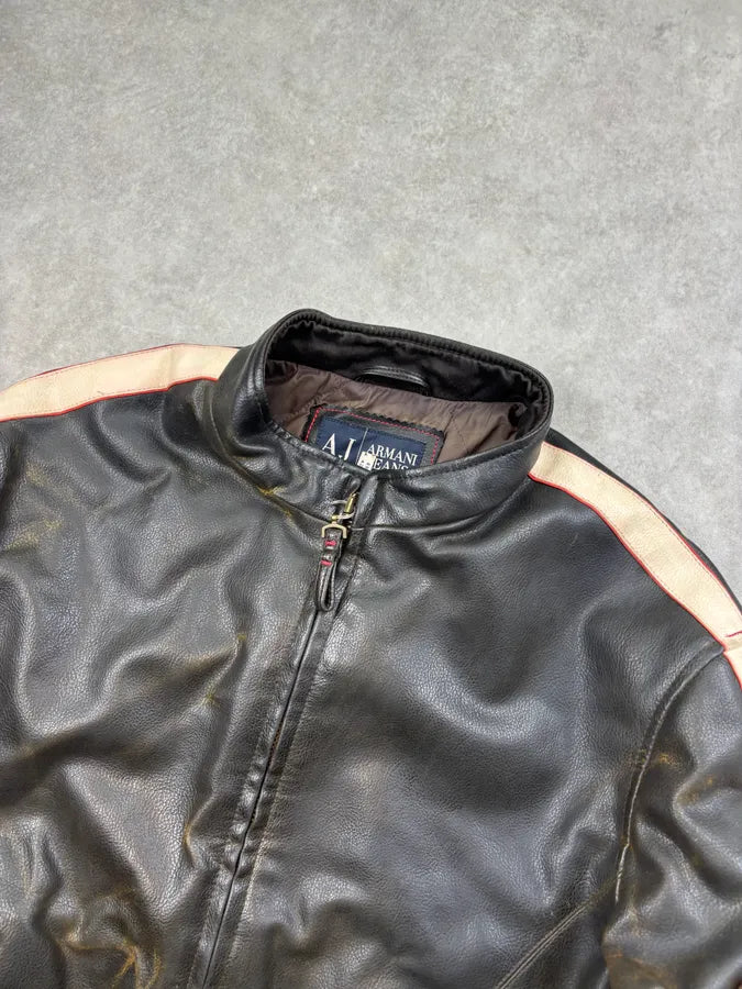 2000s Armani Brown Faded Leather Biker Jacket eIadgYD 3