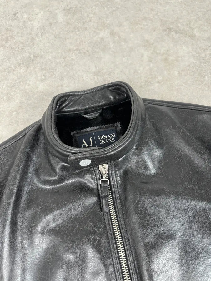 2000s Armani Black Leather Fur-Lined Bomber Jacket tRbbzPI 3