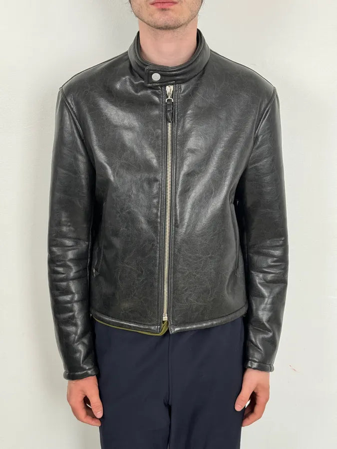 2000s Armani Black Faux Leather Minimalist Biker Jacket tRbbzPI 1