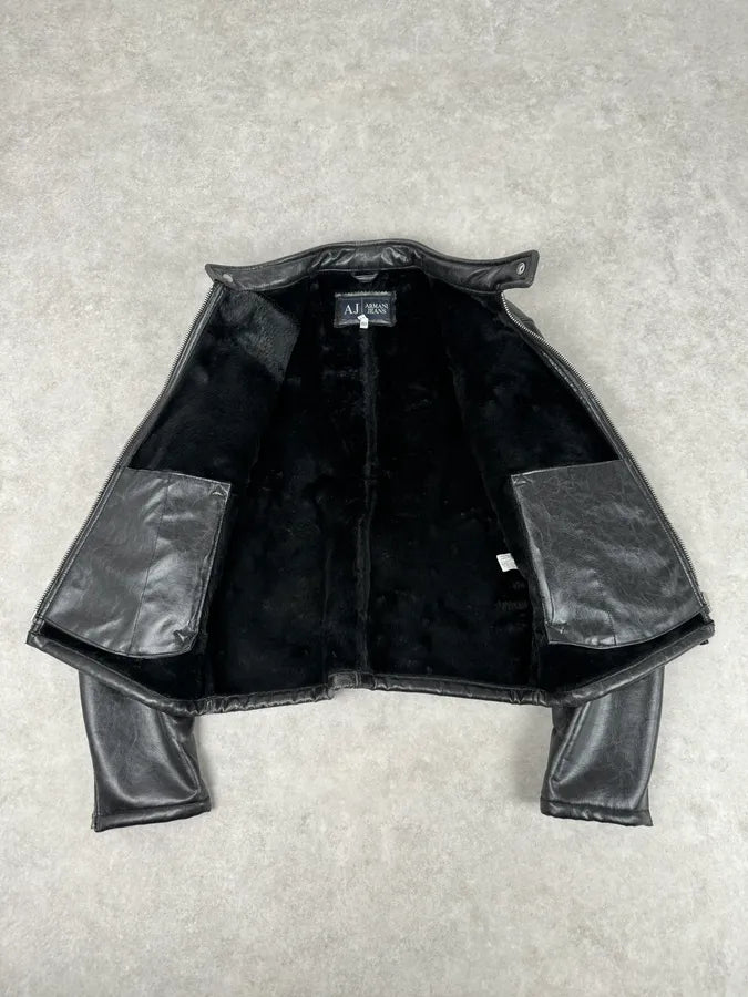 2000s Armani Black Leather Fur-Lined Bomber Jacket tRbbzPI 6