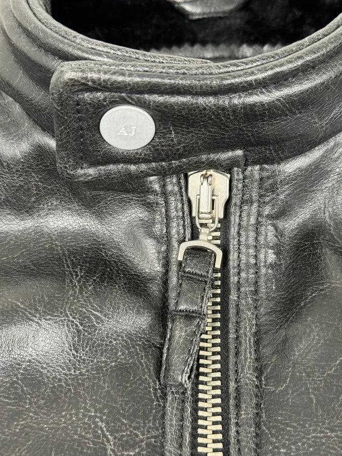 2000s Armani Black Leather Fur-Lined Bomber Jacket tRbbzPI 7