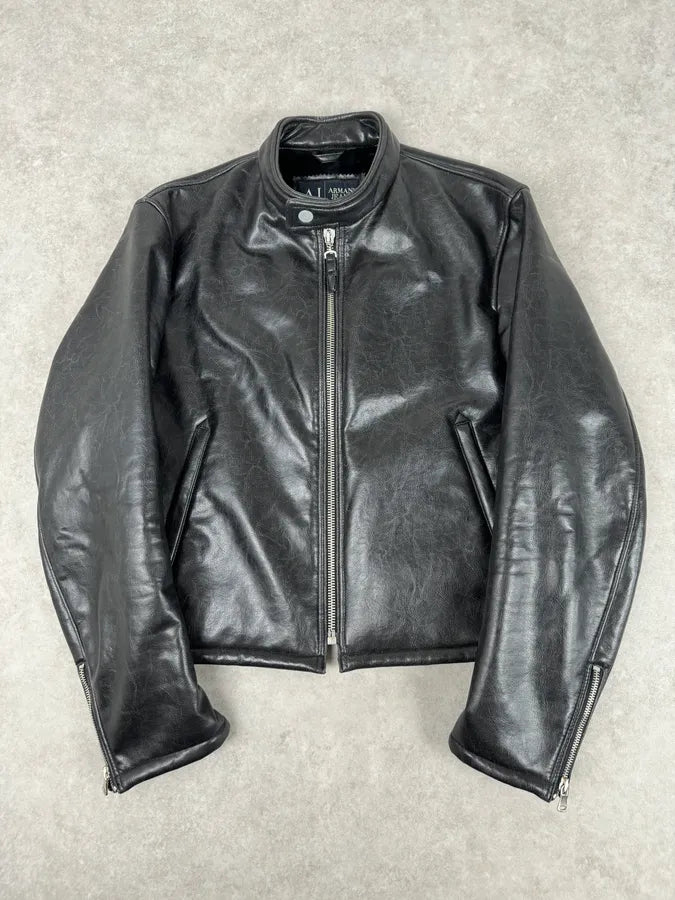 2000s Armani Black Leather Fur-Lined Bomber Jacket tRbbzPI 0