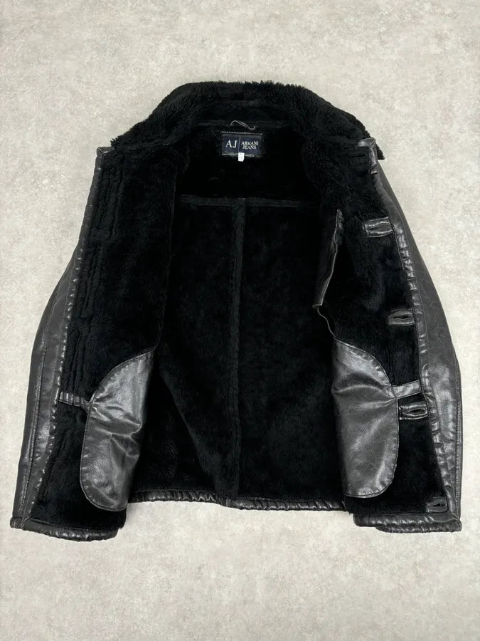 2000s Armani Black Faux Leather Fur Collar Jacket lFukdem 6