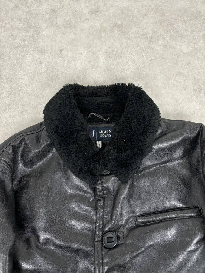 2000s Armani Black Faux Leather Fur Collar Jacket lFukdem 3
