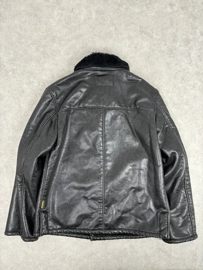 2000s Armani Black Faux Leather Fur Collar Jacket lFukdem 4