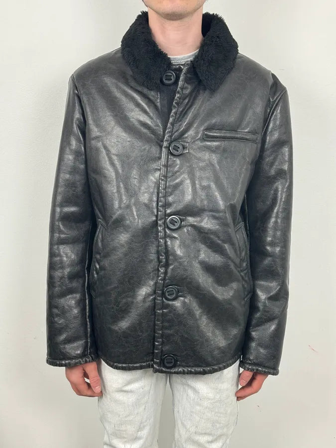 2000s Armani Black Faux Leather Fur Collar Jacket lFukdem 1